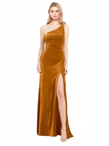 Affordable Sleeveless One Shoulder Stretch Velvet Gold Long Formal Dress UK