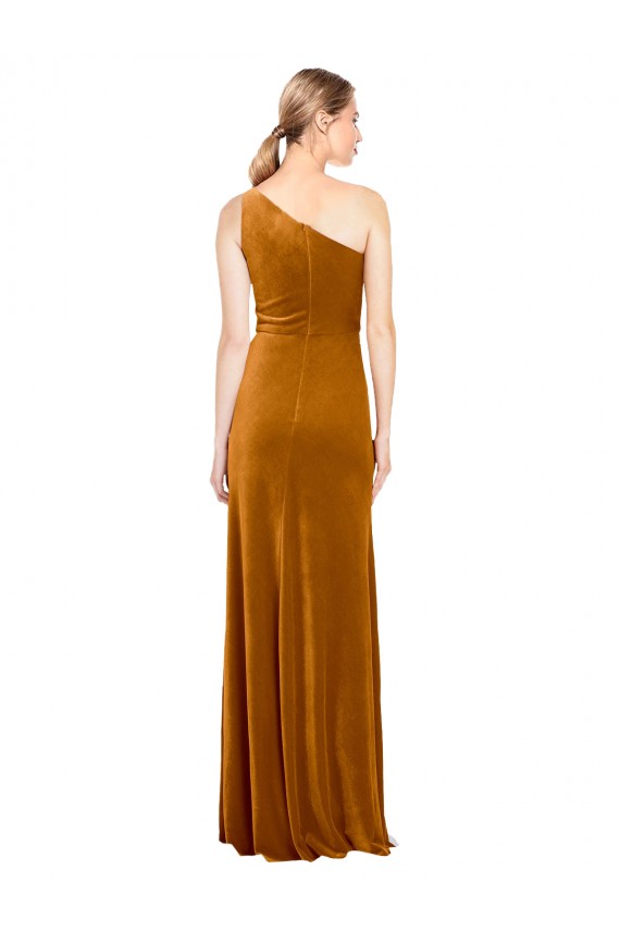 Sleeveless One Shoulder Stretch Velvet Gold Long Formal Dress