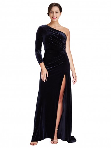 Affordable Long Sleeves One Shoulder Stretch Velvet Dark Navy Sweep Train Formal Dress UK