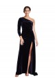 Long Sleeves One Shoulder Stretch Velvet Dark Navy Sweep Train Formal Dress