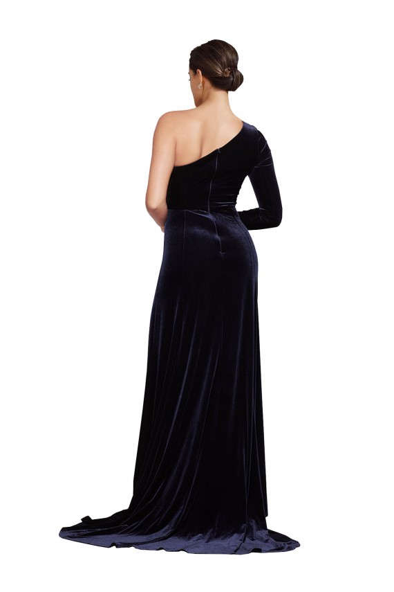 Long Sleeves One Shoulder Stretch Velvet Dark Navy Sweep Train Formal Dress