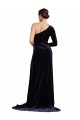 Long Sleeves One Shoulder Stretch Velvet Dark Navy Sweep Train Formal Dress