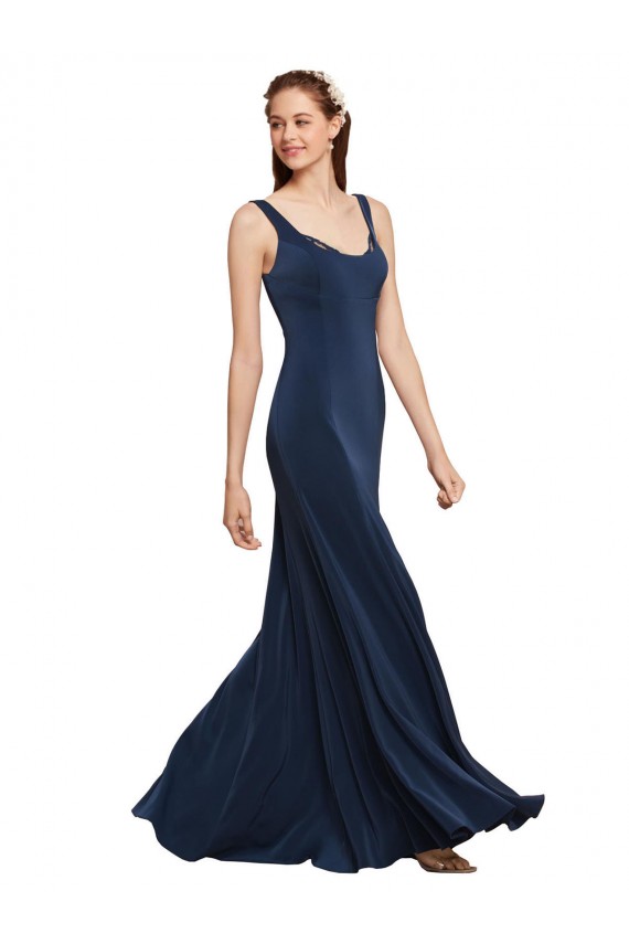 Sleeveless Round Neck Stretch Crepe Dark Navy Long Formal Dress