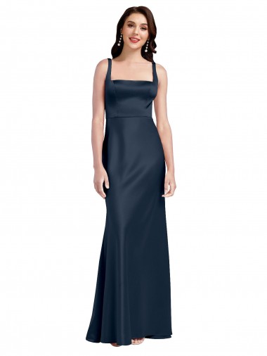 Affordable Sleeveless Square Neck Stretch Satin Dark Navy Long Formal Dress UK