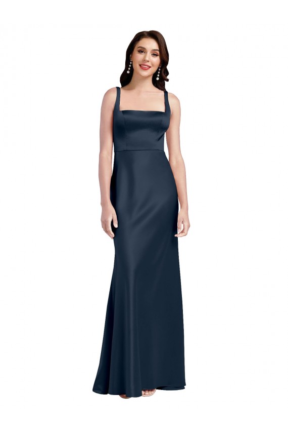 Sleeveless Square Neck Stretch Satin Dark Navy Long Formal Dress