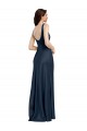 Sleeveless Square Neck Stretch Satin Dark Navy Long Formal Dress