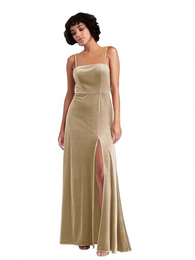 Affordable Sleeveless Square Neck Stretch Velvet Champagne Long Formal Dress UK