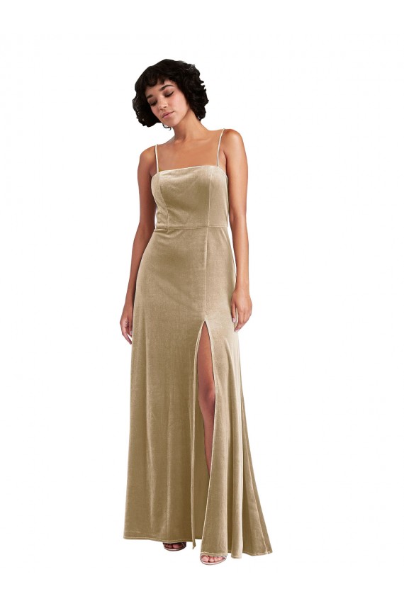 Sleeveless Square Neck Stretch Velvet Champagne Long Formal Dress