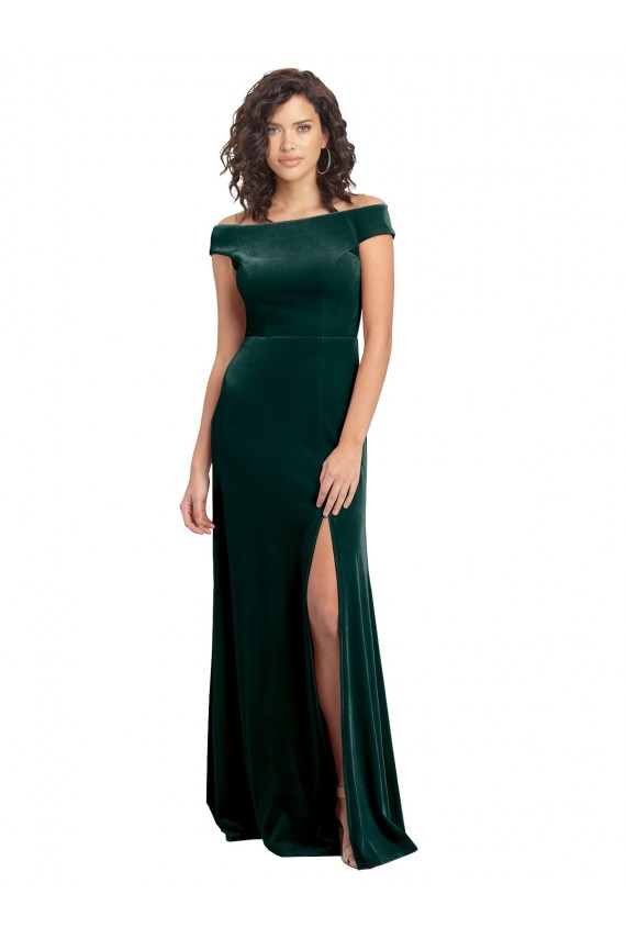 Cap Sleeves Square Neck Stretch Velvet Dark Green Long Formal Dress