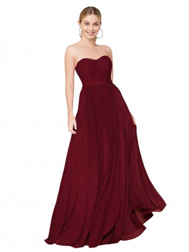 Affordable Sleeveless Strapless Chiffon Burgundy Long Formal Gowns UK
