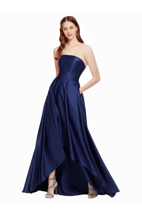 Sleeveless Strapless Satin Dark Navy Long High Low Formal Dress