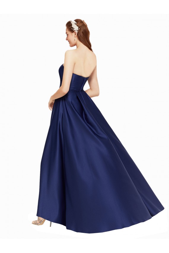 Sleeveless Strapless Satin Dark Navy Long High Low Formal Dress