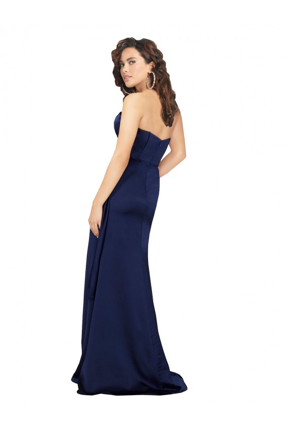 Sleeveless Strapless Silky Satin Sapphire Long Formal Gowns