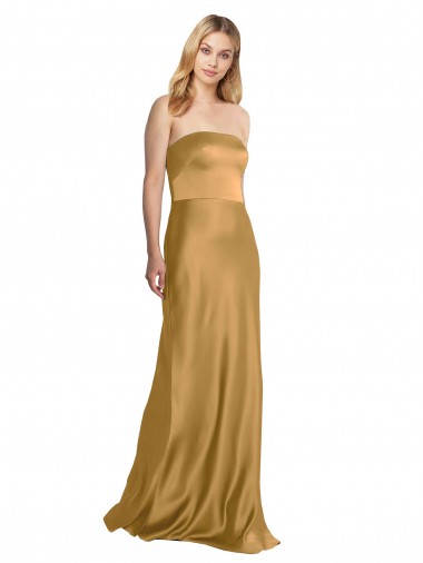 Affordable Sleeveless Strapless Stretch Satin Gold Long Formal Dress UK