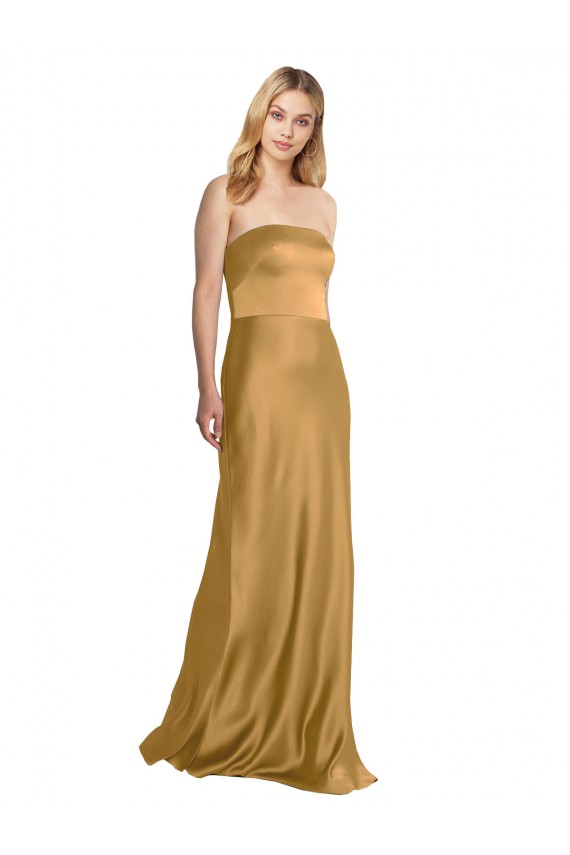 Sleeveless Strapless Stretch Satin Gold Long Formal Dress