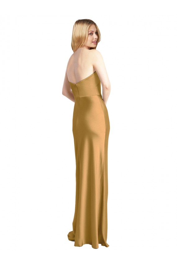Sleeveless Strapless Stretch Satin Gold Long Formal Dress