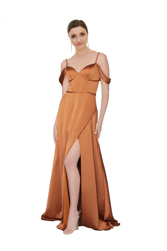 Cold Shoulder Sweetheart Silky Satin Orange Long Formal Dress