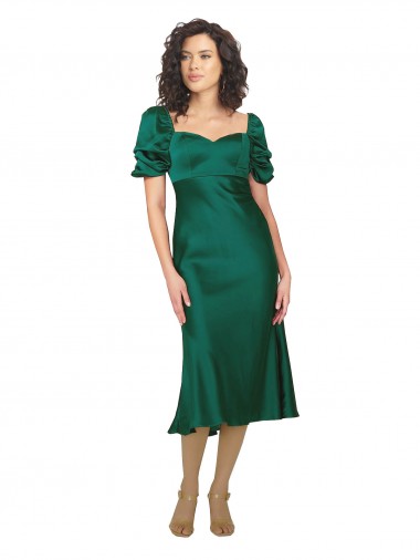 Affordable Short Sleeves Sweetheart Silky Satin Hunter Midi Length Formal Dress UK