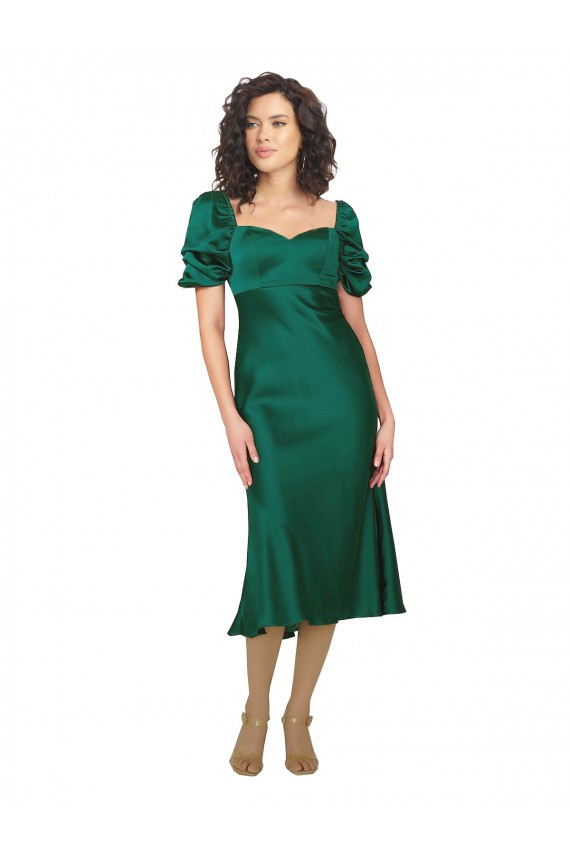 Short Sleeves Sweetheart Silky Satin Hunter Midi Length Formal Dress