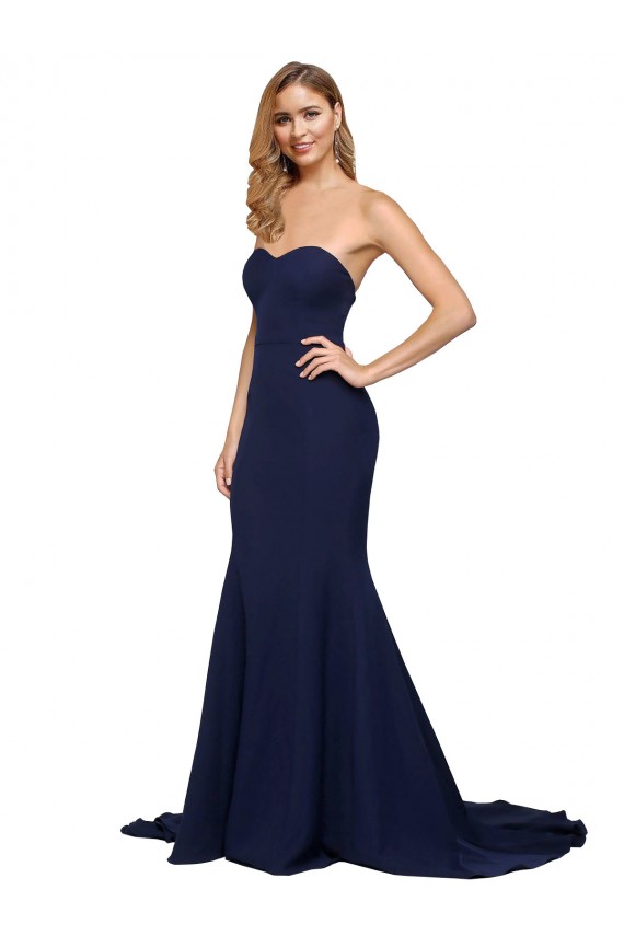 Sleeveless Sweetheart Stretch Crepe Dark Navy Sweep Train Formal Dress