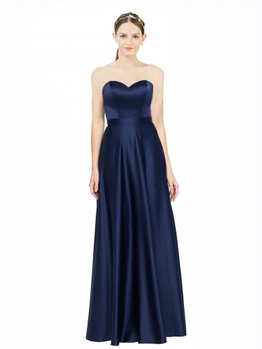 Affordable Sleeveless Sweetheart Stretch Satin Dark Navy Long Black Tie Formal Dress UK