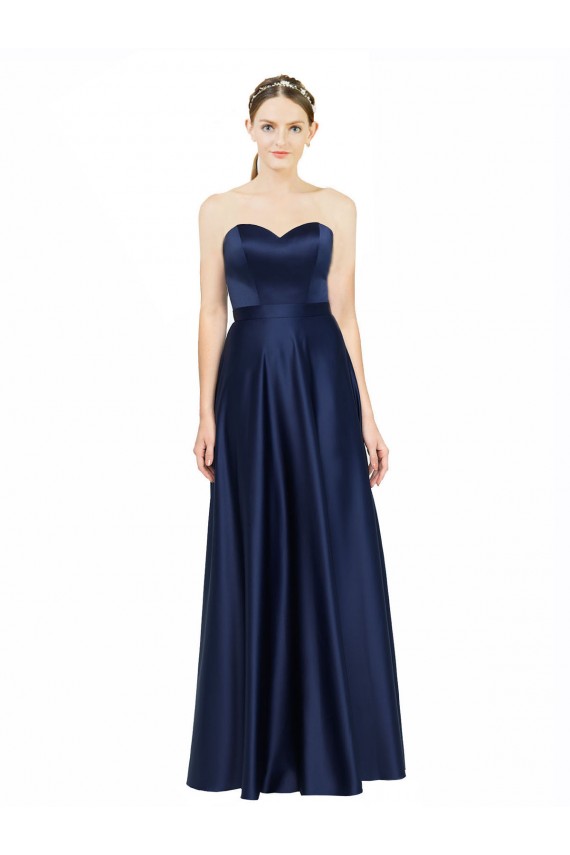 Sleeveless Sweetheart Stretch Satin Dark Navy Long Black Tie Formal Dress