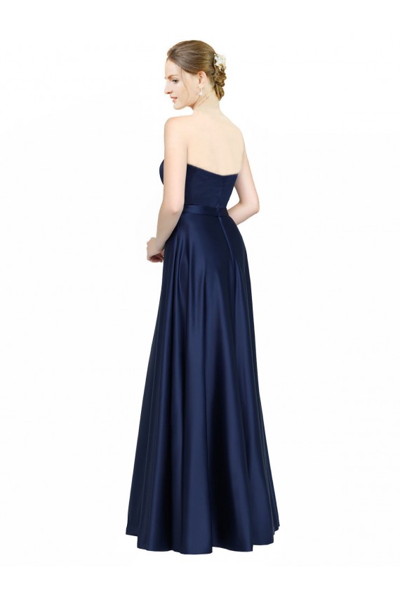 Sleeveless Sweetheart Stretch Satin Dark Navy Long Black Tie Formal Dress