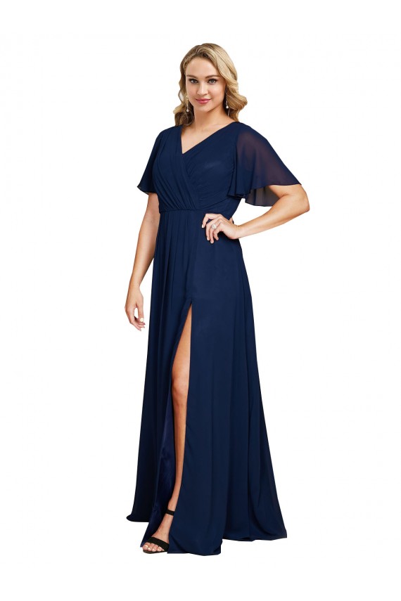 Short Flutter Sleeves V-Neck Chiffon Dark Navy Long Formal Plus Size Formal Dress