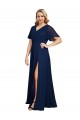 Short Flutter Sleeves V-Neck Chiffon Dark Navy Long Formal Plus Size Formal Dress