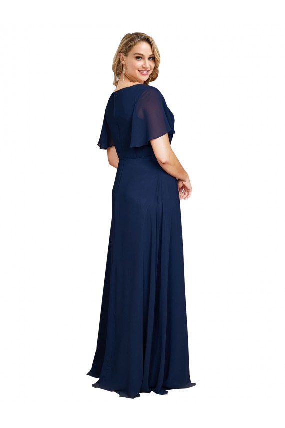 Short Flutter Sleeves V-Neck Chiffon Dark Navy Long Formal Plus Size Formal Dress