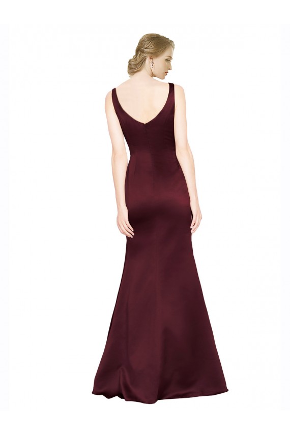 Sleeveless V-Neck Satin Burgundy Long Black Tie Formal Dress