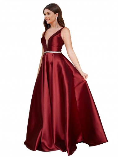 Affordable Sleeveless V-Neck Satin Burgundy Long Formal Plus Size Formal Dress UK