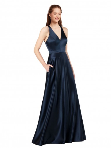 Affordable Sleeveless V-Neck Satin Dark Navy Long Formal Dress UK