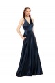 Sleeveless V-Neck Satin Dark Navy Long Formal Dress