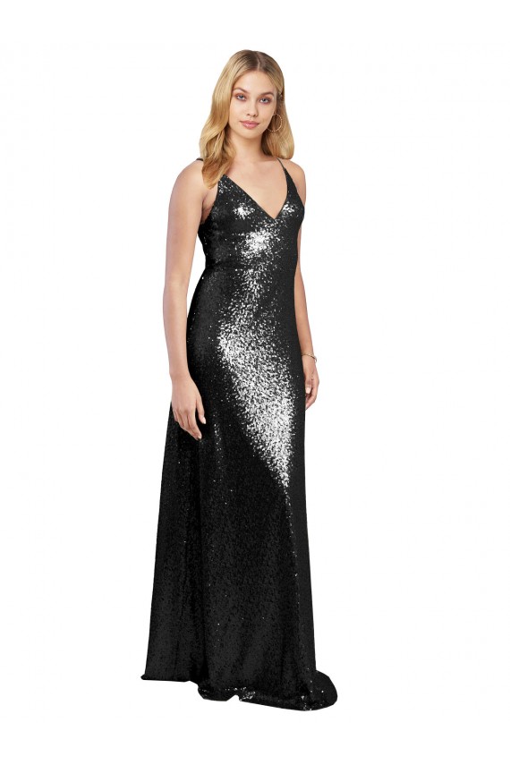 Sleeveless V-Neck Sequin Black Long Formal Dress