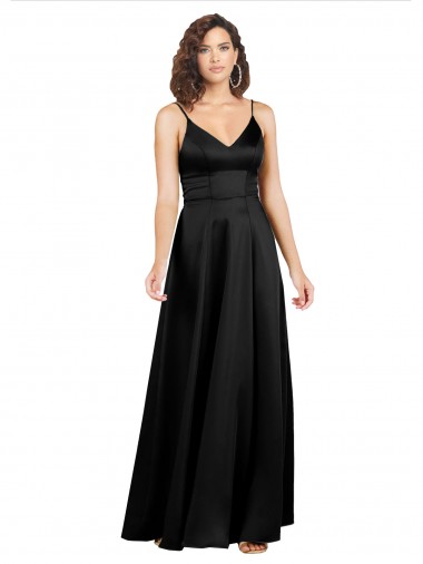 Affordable Sleeveless V-Neck Silky Satin Black Long Formal Dresses UK