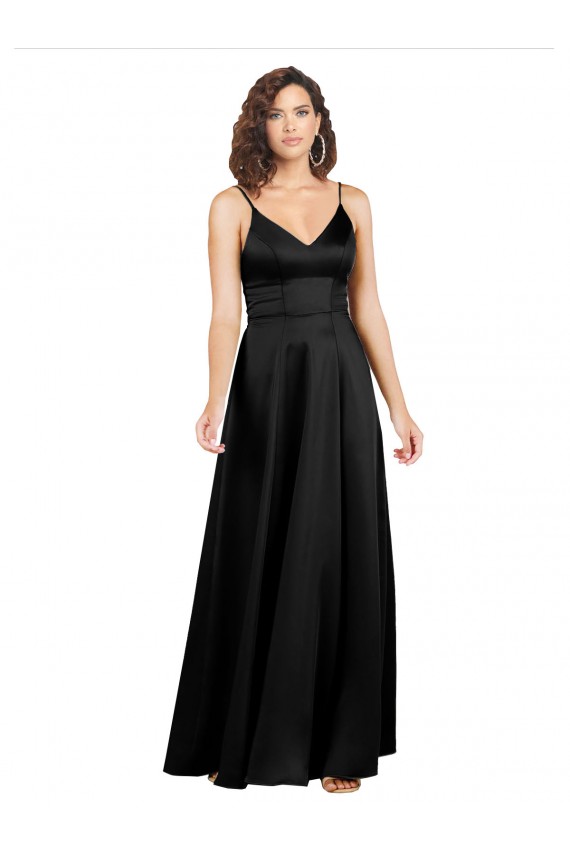 Sleeveless V-Neck Silky Satin Black Long Formal Dresses