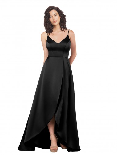 Affordable Sleeveless V-Neck Silky Satin Black Long High Low Formal Dress UK