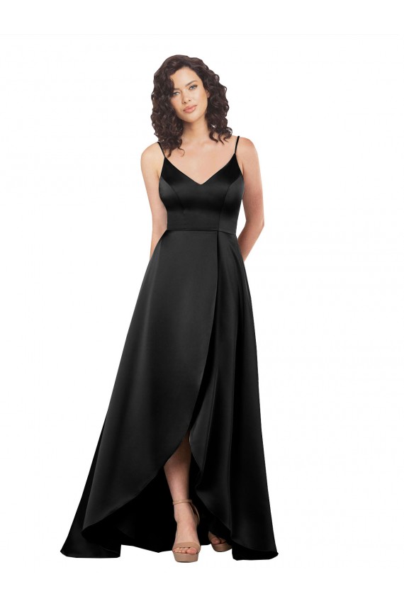 Sleeveless V-Neck Silky Satin Black Long High Low Formal Dress
