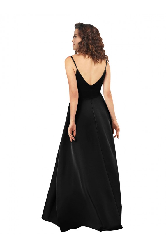 Sleeveless V-Neck Silky Satin Black Long High Low Formal Dress