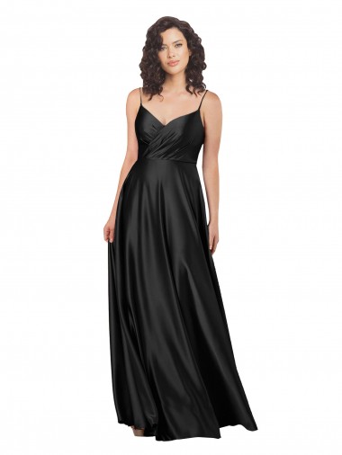 Affordable Sleeveless V-Neck Silky Satin Black Long Formal Gowns UK