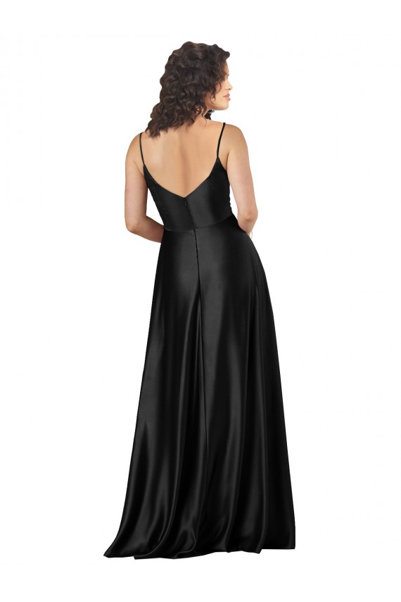 Sleeveless V-Neck Silky Satin Black Long Formal Gowns