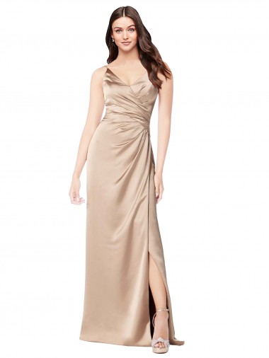 Affordable Sleeveless V-Neck Silky Satin Champagne Pink Long Formal Dress UK