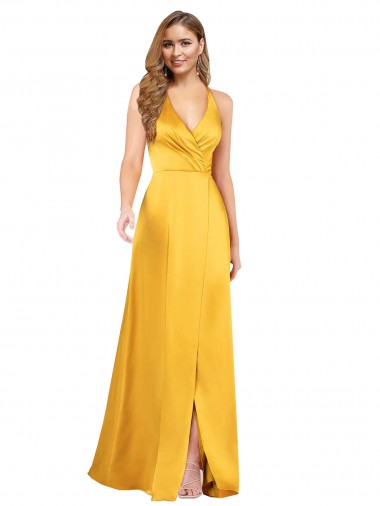 Affordable Sleeveless V-Neck Silky Satin Long Formal Gowns UK