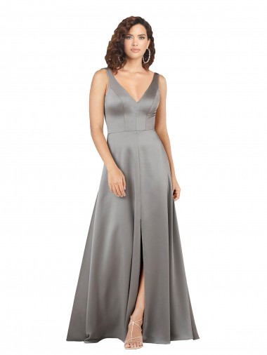Affordable Sleeveless V-Neck Silky Satin Pearl Grey Long Formal Dress UK
