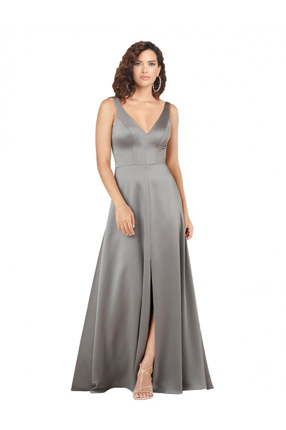 Sleeveless V-Neck Silky Satin Pearl Grey Long Formal Dress