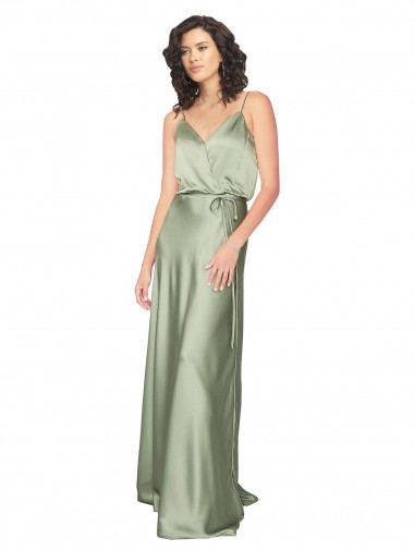 Affordable Sleeveless V-Neck Silky Satin Smoke Green Long Formal Dress UK
