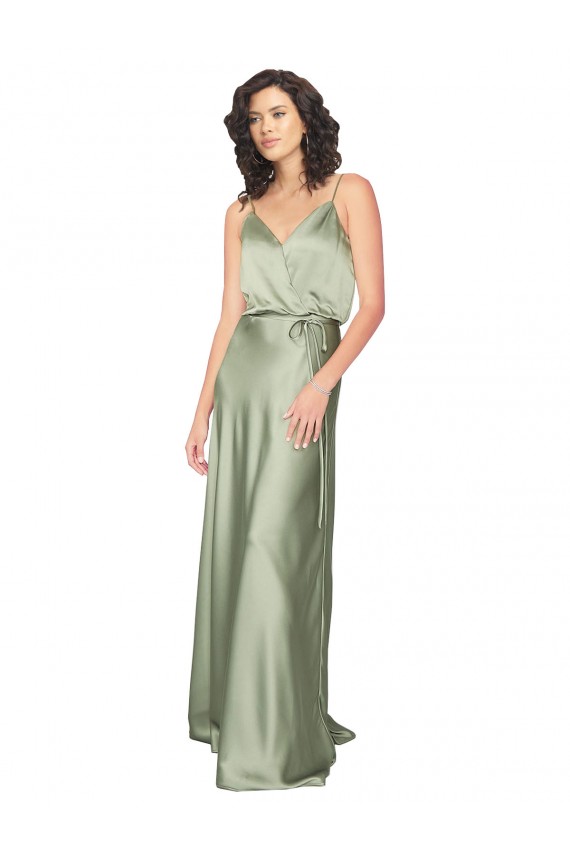 Sleeveless V-Neck Silky Satin Smoke Green Long Formal Dress