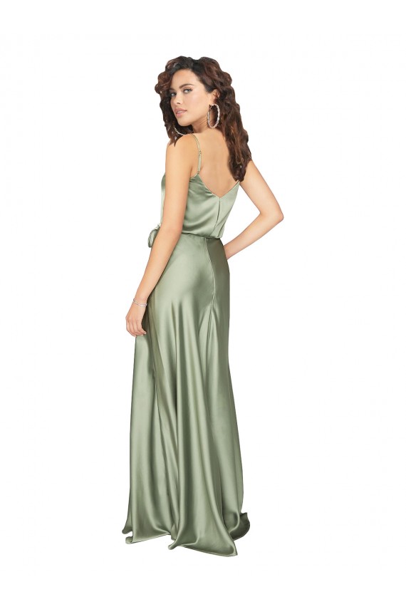 Sleeveless V-Neck Silky Satin Smoke Green Long Formal Dress