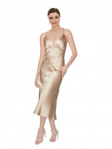 Affordable Sleeveless V-Neck Silky Satin Midi Length Formal Dress UK